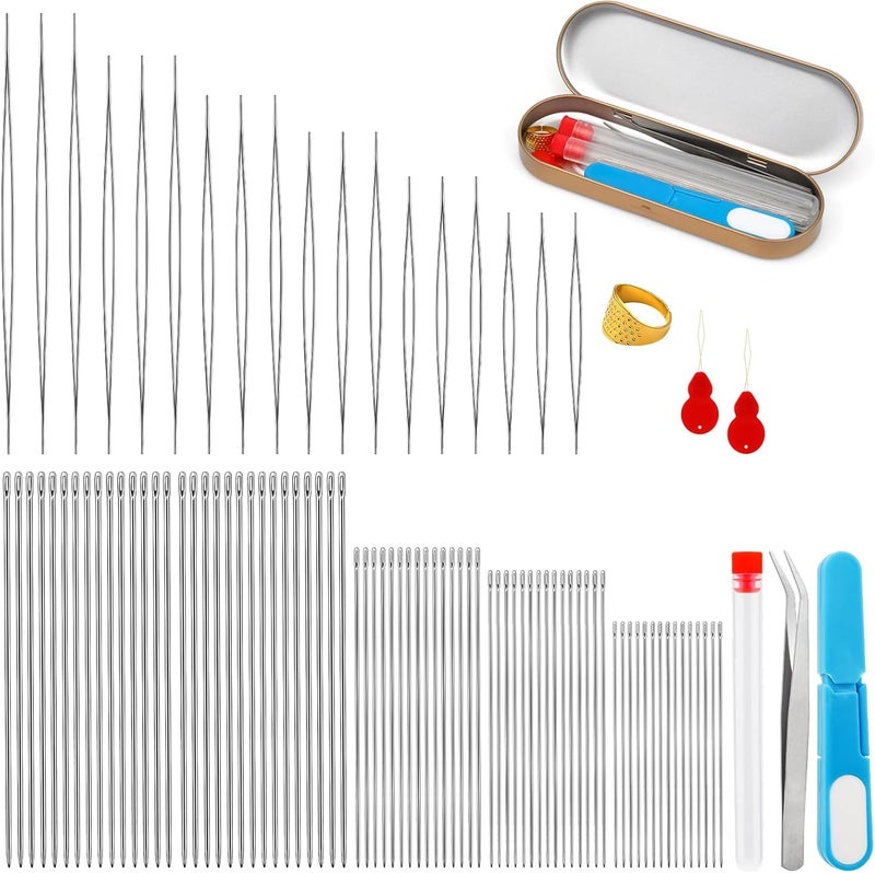 kdafio 100 Pcs Beading Needles Set,75 Pcs Long Straight Beading Thread Needles 18 Pcs Big Eye Beading Needles with Threader, Needle Bottle, Yarn Scissors,Tweezers for Bracelets and Jewelry Making - Image 1